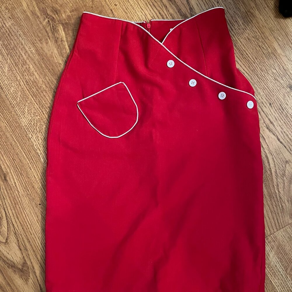 Bettie Page Red Pencil Skirt with White Piping S - Picture 5 of 10